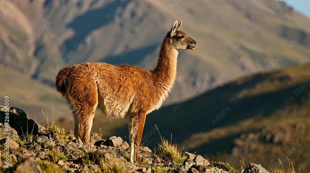 Obraz premium Brown llama standing on rocky mountain terrain with dramatic Andean landscape background during golden hour lighting for wildlife photography.