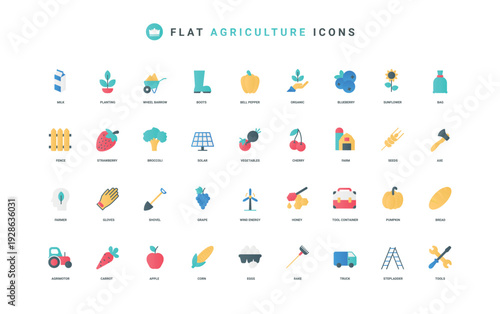 Organic agriculture and farming, local food products and agronomy color icon set. Eco dairy farm and barn, garden harvest of plants and seeds, vegetables and fruits flat elements vector illustration