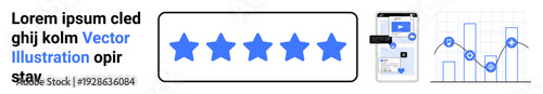 Customer experience, business analytics, online reviews, digital marketing, user interface, data tracking. Five blue stars, smartphone UI and a graph chart. Customer experience and business
