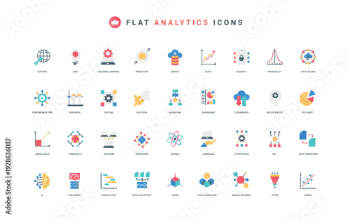 Data analysis with AI, machine learning, intelligent research process, statistics color icon set. Digital algorithm, tech structure and code to automate analytics, flat elements vector illustration
