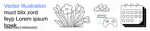 Entertainment, leisure, planning, gaming, florals, minimalism. Black and white line drawings of flowers, popcorn a game controller and a calendar. Entertainment and leisure-themed visual