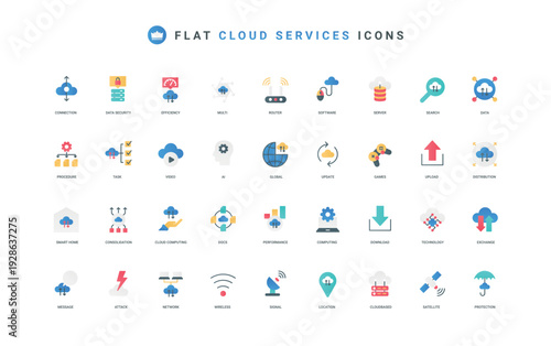 Cloud service for efficient work, games and computing, connection for data exchange and unload, update and distribution color icon set. Information allocation flat elements vector illustration