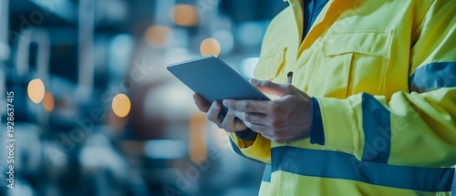 Worker in safety gear using tablet in a modern industrial environment.