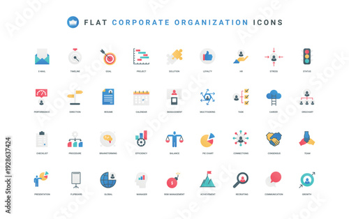 Business management, professional team of corporate company organization color icon set. Stress tension and multitasking skill, hierarchy of employees, org chart flat elements vector illustration