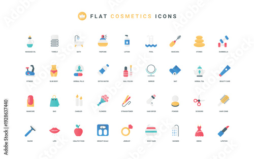 Care for beauty of body, skin and hair, cosmetics and hygiene, fitness color icon set. Healthy food, herbal diet pills, cream and lotion, manicure with nail polish flat elements vector illustration