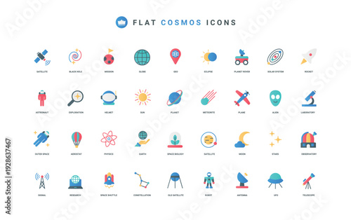 Space and galaxy exploration, rockets flight to planet and stars, aerospace and astronomy color icon set. Satellite and astronaut, spaceship and observatory station flat elements vector illustration