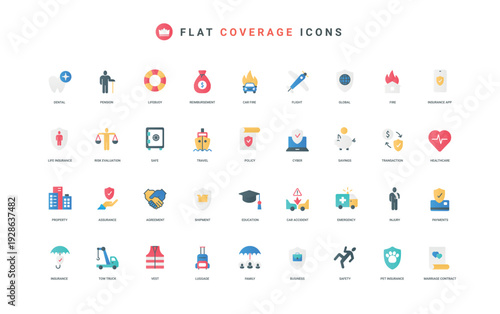Accident and injury insurance coverage, medical care in trauma and claim indemnity color icon set. Safety for health and savings, secure transaction of money flat elements vector illustration