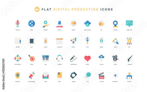 Production of digital content for online blog, vlog, mobile player app color icon set. Devices to record, edit sound and video, post for likes in social media flat elements vector illustration