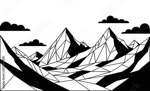 Geometric mountain landscape with black and white polygonal peaks and clouds
