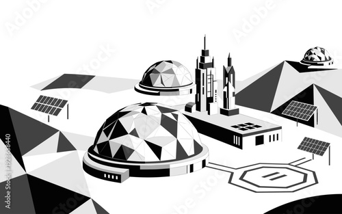 Futuristic lunar base with geometric domes and rocket in black and white