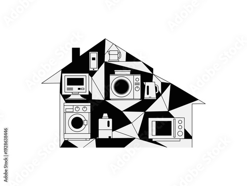 Geometric home appliance layout inside house silhouette