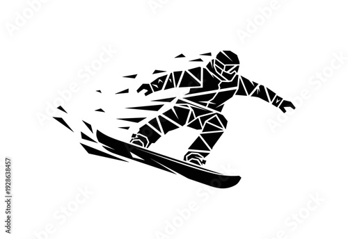 Geometric snowboarder silhouette in motion with abstract fragmented design