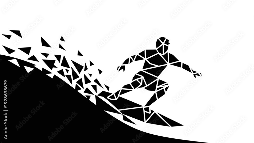 Obraz premium Geometric surfing silhouette with fragmented wave design
