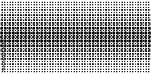 Black and white abstract pattern, repeating X shapes grid, halftone gradient fading from dense to sparse, minimal geometric background. Eps10