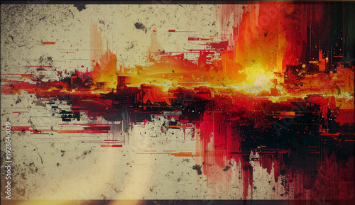 Abstract red orange fire explosion grunge background with glitch effect, paint splatter and digital distortion