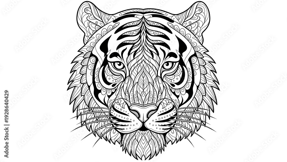 Obraz premium Detailed illustration of a tiger's face showcasing intricate line art and facial features in a close-up view