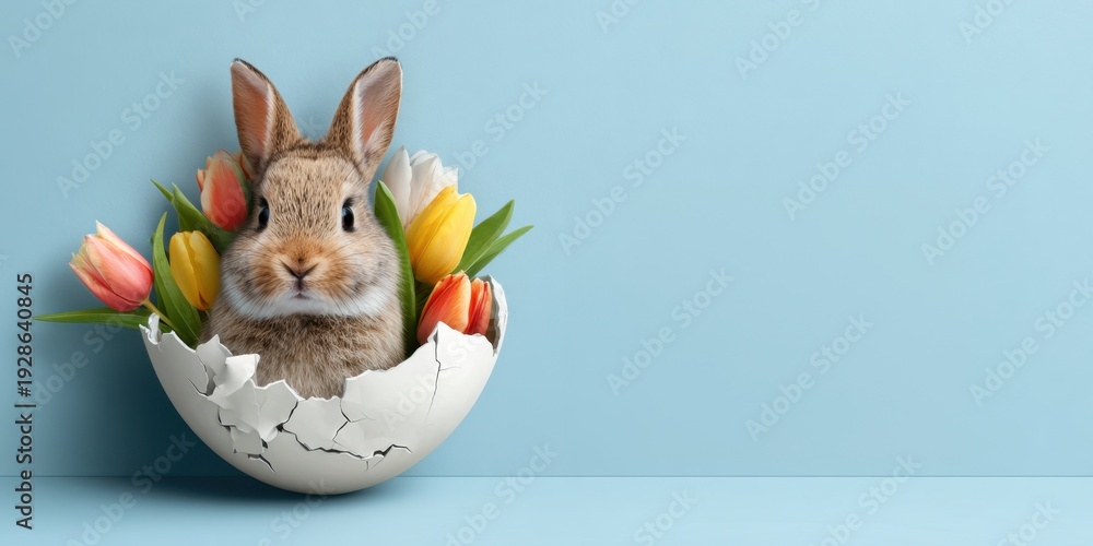 Fototapeta premium Easter rabbit popping out of cracked egg with colorful tulips on blue background