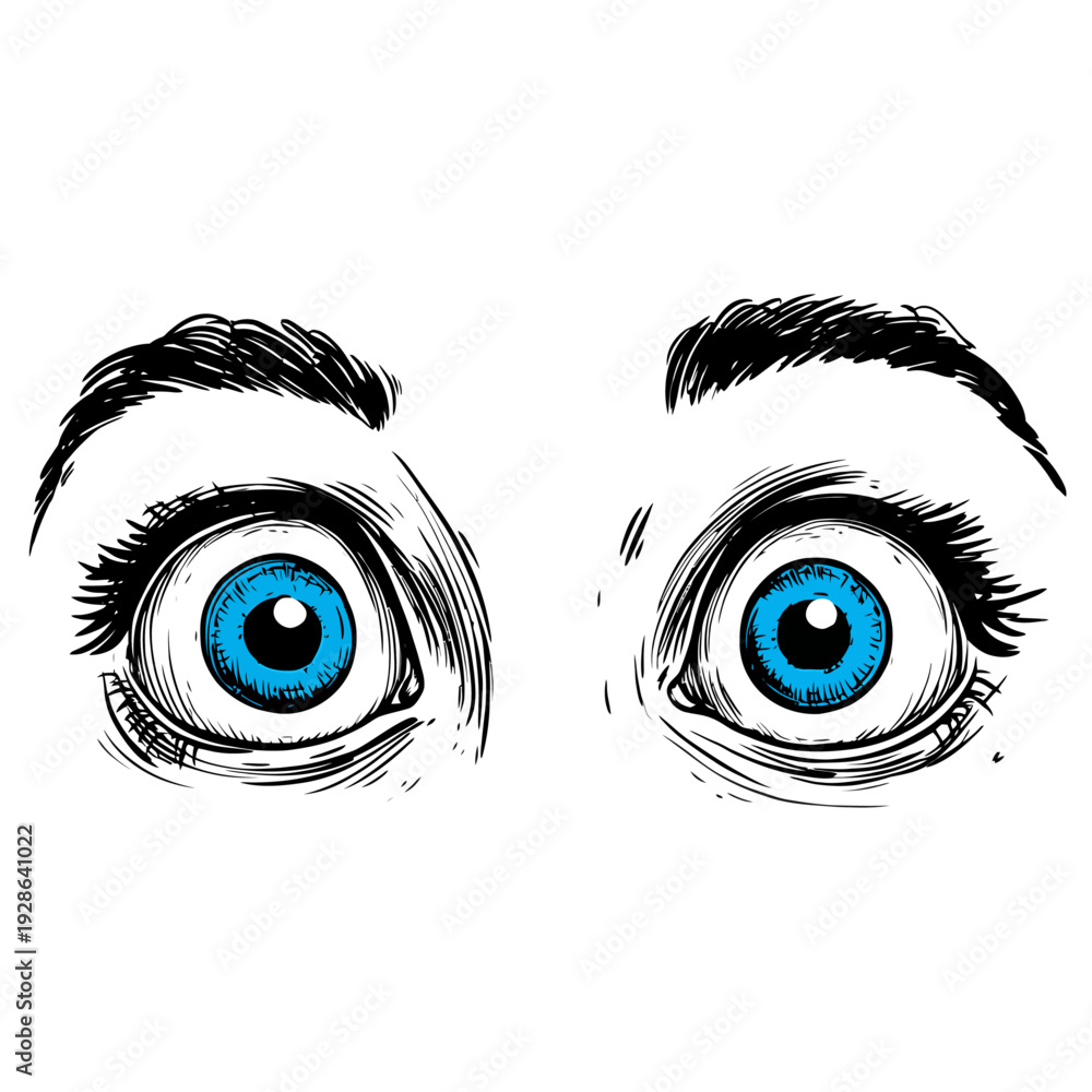 Fototapeta premium Detailed vector illustration of wide surprised blue eyes, featuring an expressive ink sketch style, suitable for character design and emotional reactions in graphic design.