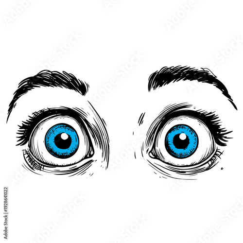 Detailed vector illustration of wide surprised blue eyes, featuring an expressive ink sketch style, suitable for character design and emotional reactions in graphic design.