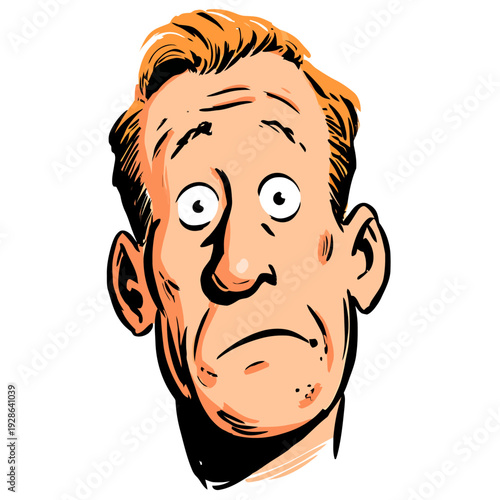 Worried cartoon man illustration with an anxious and concerned facial expression, drawn in a comic book ink style against a white background.