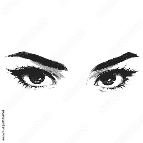 Stylized graphic illustration of a pair of eyes with bold eyebrows and long, defined lashes in a modern, high-contrast black and white artistic style.