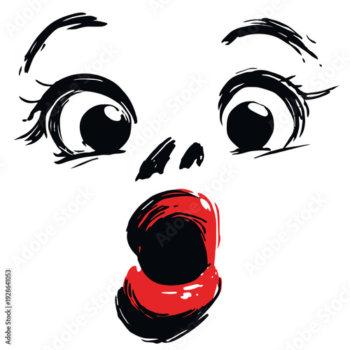 Shocked cartoon face illustration with big wide eyes and an open mouth, featuring a bold black and white ink sketch style for humorous character design and expressive reactions.
