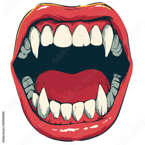 Scary vampire mouth illustration with blood-red lips and sharp fangs, perfect for Halloween, gothic themes, and horror-themed graphic design projects.