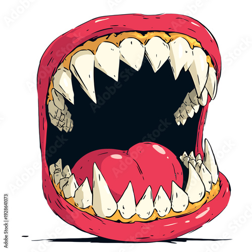 Close-up illustration of a scary monster mouth with sharp fangs and a long, textured tongue, designed for horror, dark fantasy, and supernatural creative projects.