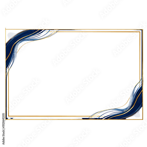 Elegant rectangular frame design featuring fluid navy blue wave brushstrokes and shimmering metallic gold lines on a clean white background, perfect for luxury stationery, wedding invitations, and bra
