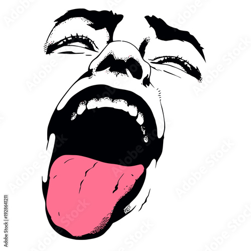 Abstract artistic portrait of a distorted face with an open mouth and tongue out, conveying intense emotion, inner chaos, and a psychological scream in a modern graphic style.