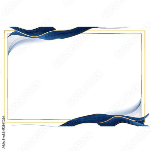 Elegant abstract blue wave design element featuring a shimmering metallic gold border on a transparent background, perfect for luxury branding, wedding invitations, and sophisticated digital marketing