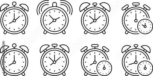 Alarm Clock Icon in Line Style with Time and Wake Up Symbol – Stock Vector