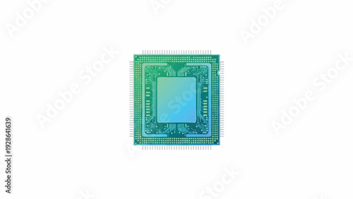 Intricate digital microchip processing unit with vibrant green and blue gradient circuitry, symbolizing advanced technology, data intelligence, and futuristic computing power