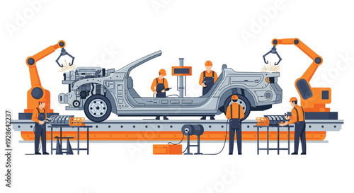 Five factory workers in orange safety gear assemble a silver car chassis using two large robotic welding arms on an industrial production line.