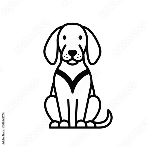 A cute and simple line drawing of a sitting beagle dog with a distinctive v-shaped marking on its chest