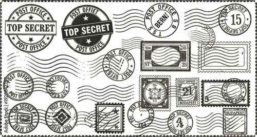 Vintage Post Office Stamps and Postal Marks Collection with Top Secret Seals Retro Mail Cancellation Vector Illustration Set