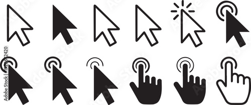 Mouse Pointer Cursor Icons – Clicking Hand and Arrow Web Interface Symbols Vector