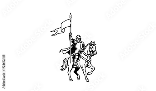 Mounted medieval knight with banner victory symbol vector illustration historical warrior isolated on white
