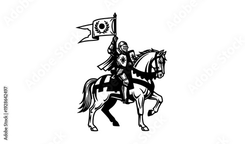 Medieval knight riding horse holding victory flag bold heraldic vector illustration isolated on white background