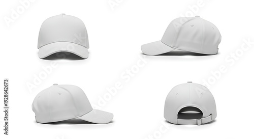 Four white baseball caps in different angles and positions shown