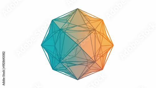 Abstract 3D geometric wireframe form creating a complex interconnected network. Vibrant blue and orange gradient symbolizes digital innovation, data, and advanced technology concepts