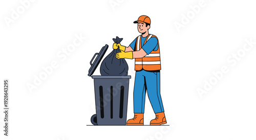 A smiling sanitation worker in a blue uniform and orange high-visibility vest places a black trash bag into a gray wheeled waste container on a white background.