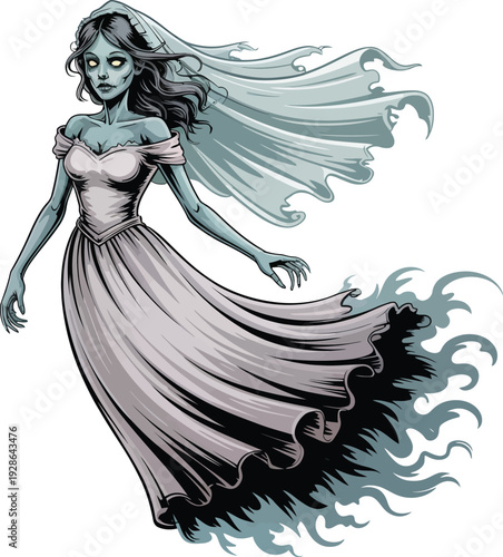 Ethereal Ghost Bride Floating in Veil Spooky Halloween Wedding Vector Art