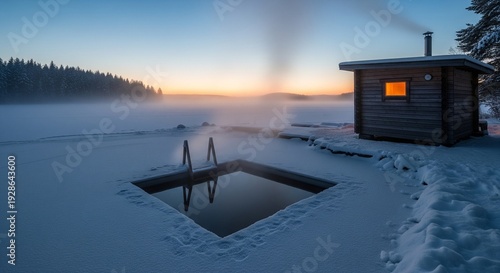 A wooden sauna cabin next to a frozen lake with an ice hole for cold plunging at twilight.