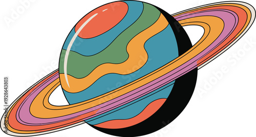 Groovy Planet with Colorful Rings Retro Space Illustration Abstract Celestial Body Psychedelic Cosmic Art