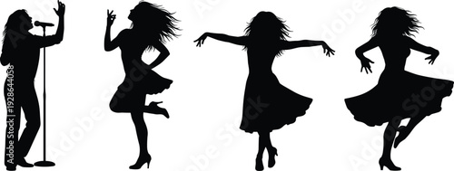 Black silhouettes of a female singer performing with a microphone and a graceful woman dancing in various expressive poses isolated on a white background