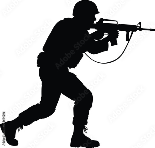 Soldier silhouette, military veteran holding assault rifle in tactical combat pose, army infantry man silhouette, war warrior action vector isolated on white background.