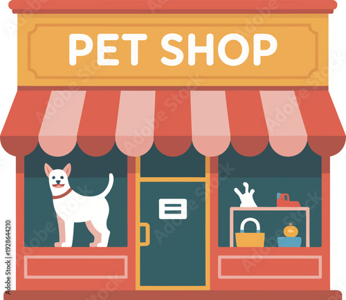 Pet Shop Storefront Facade with Dog and Supplies Vector Illustration