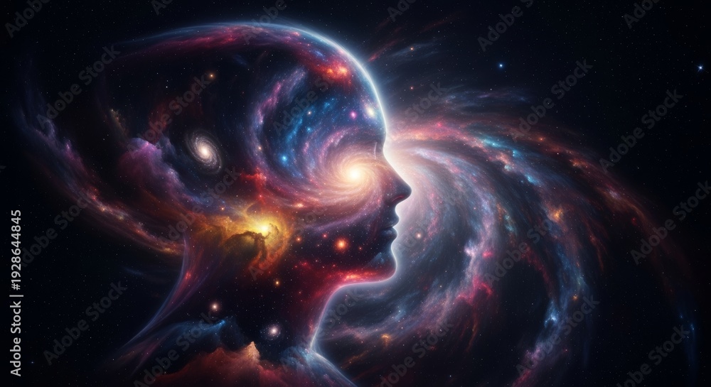Fototapeta premium Vast cosmic intelligence, swirling nebulae forming a thinking entity observing all time and space, cosmos, illustration, energy