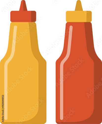 Two Squeeze Bottles with Mustard and Ketchup Condiments Side by Side Flat Design Vector